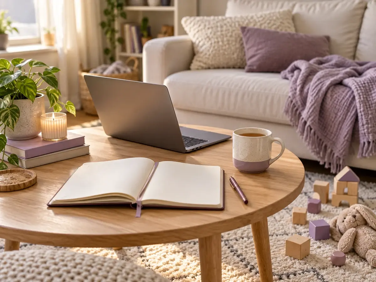 An open journal and laptop in a cozy apartment with lavender blankets and children’s toys