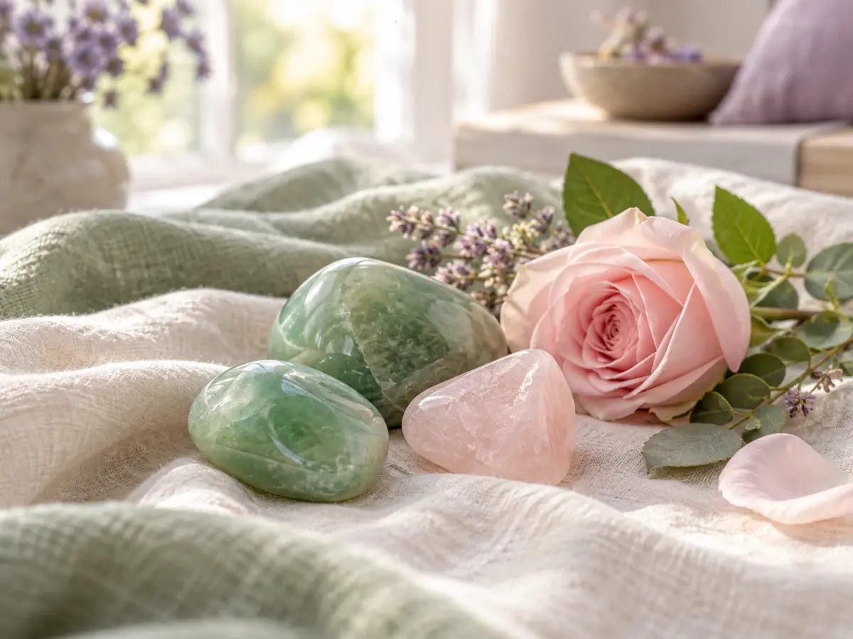 Green aventurine and blush rose quartz beside a pale pink rose on cream linen