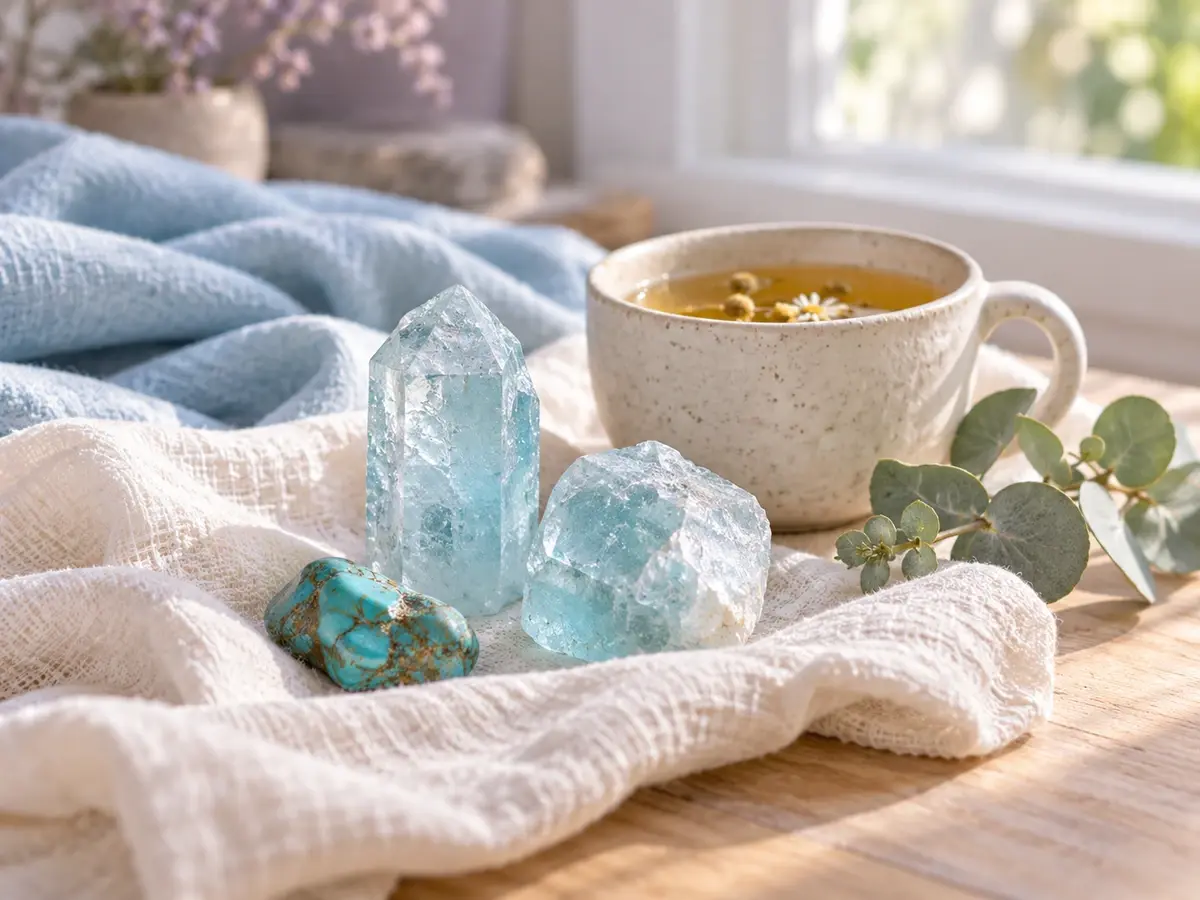 Pale blue aquamarine and turquoise beside herbal tea and eucalyptus on cream linen