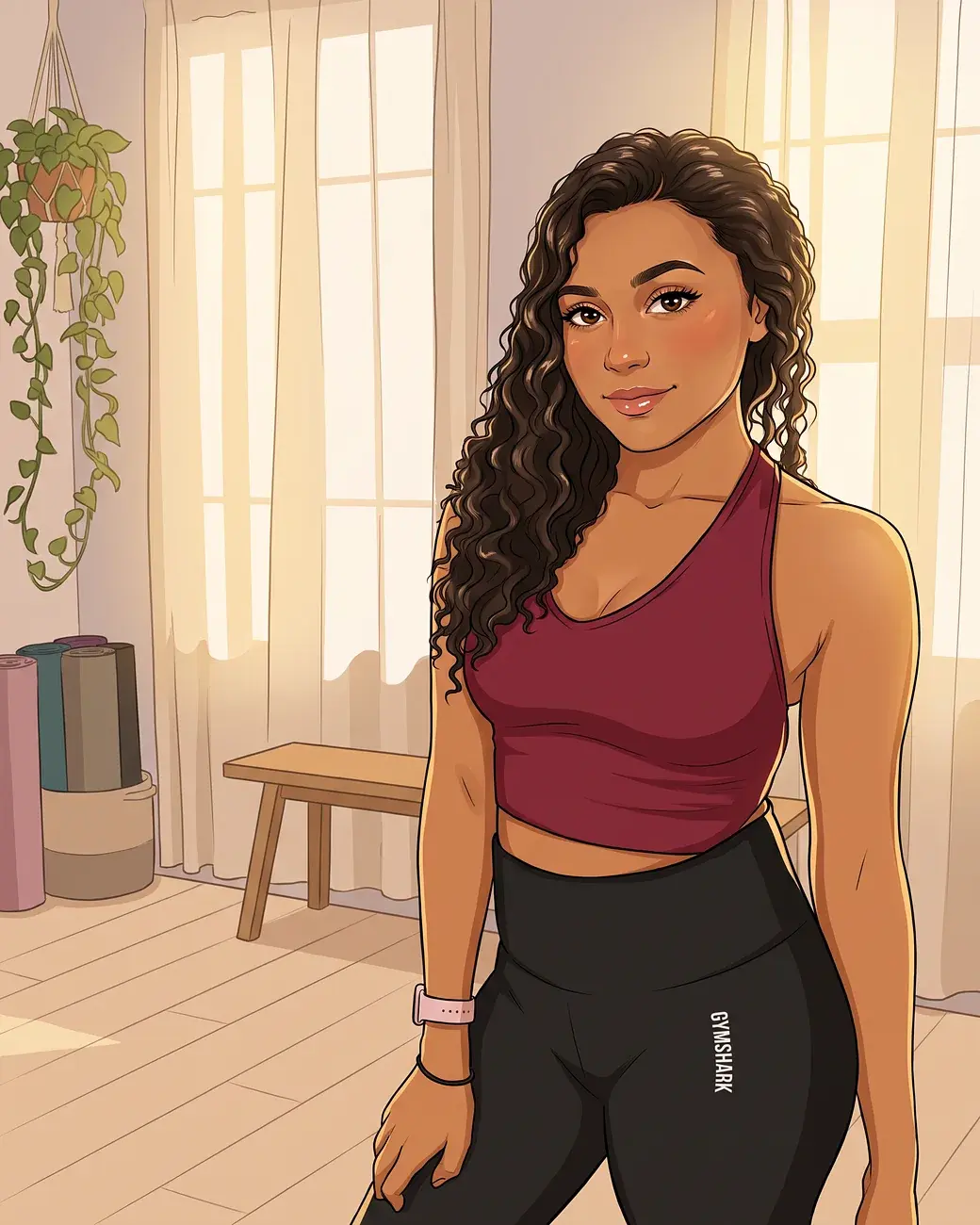 Illustration of Bri Parks smiling in a sunlit yoga studio