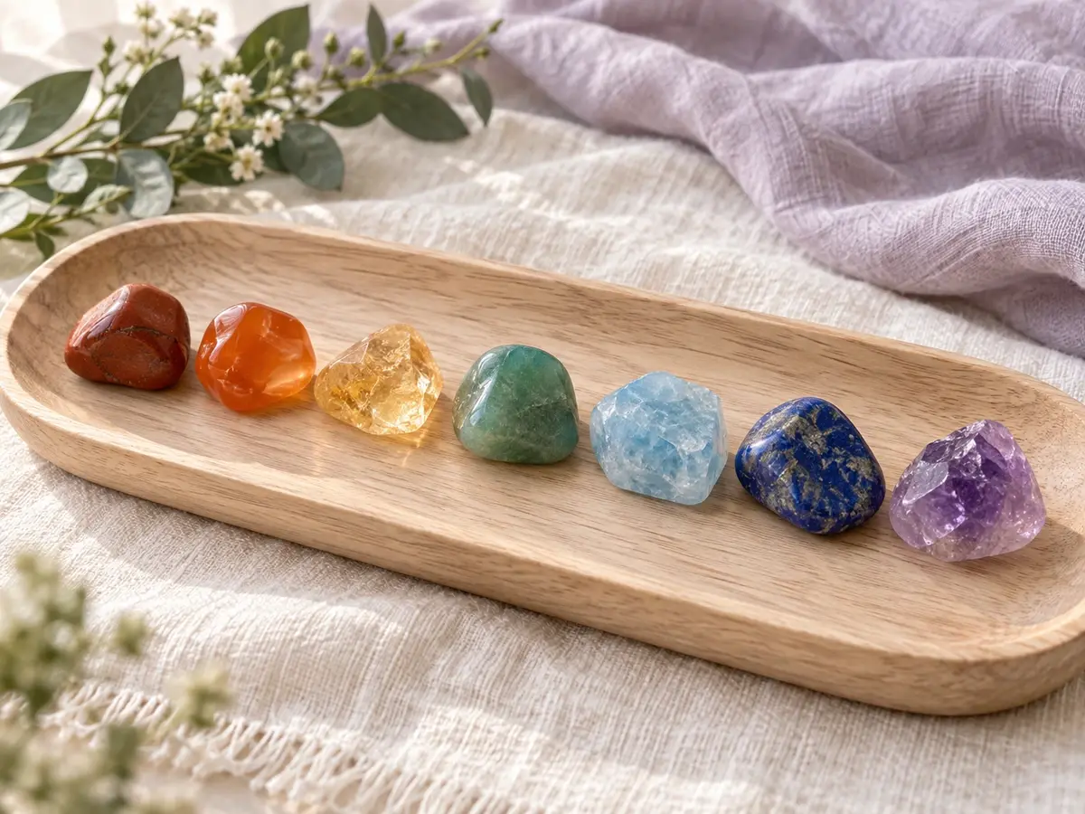 Seven colorful stones arranged on a wooden tray with cream linen and lavender fabric