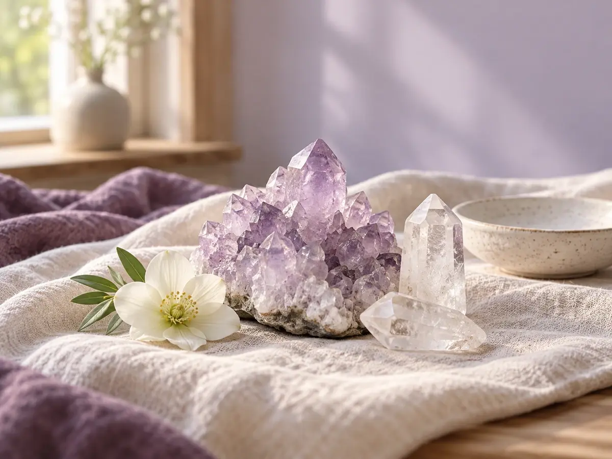 Violet amethyst, clear quartz and a white flower arranged on cream linen with lavender accents