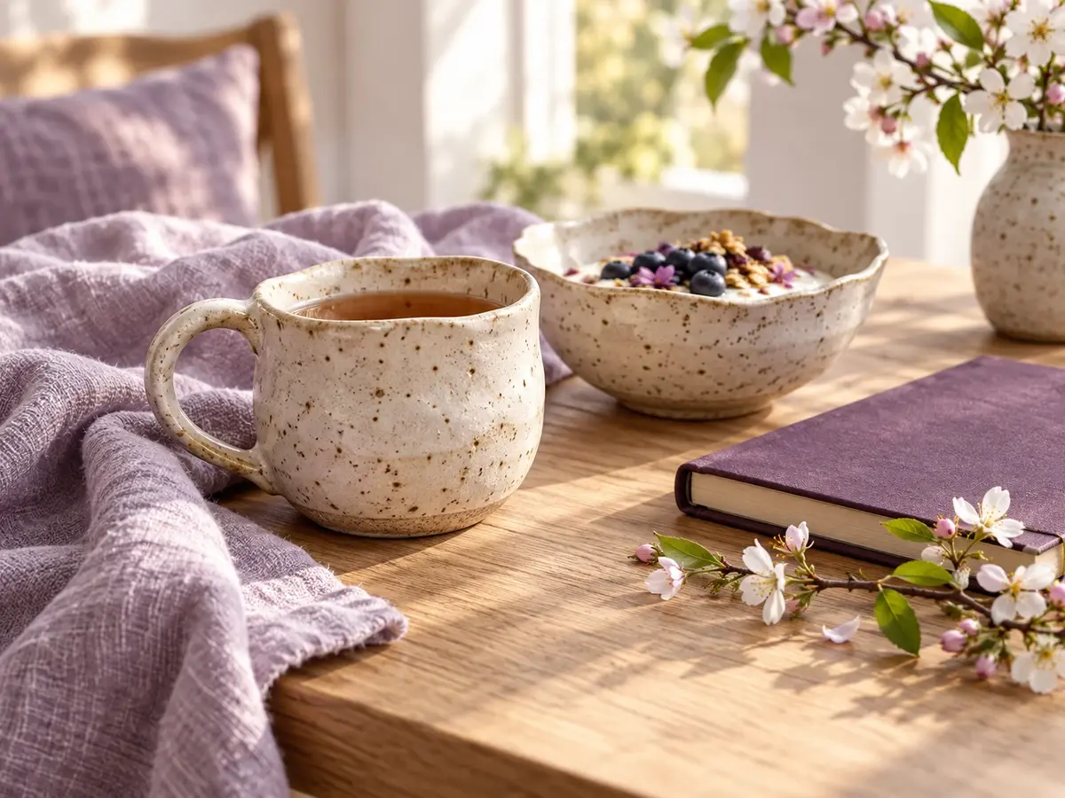 Handmade cream pottery, tea and a plum journal beside soft lavender linen