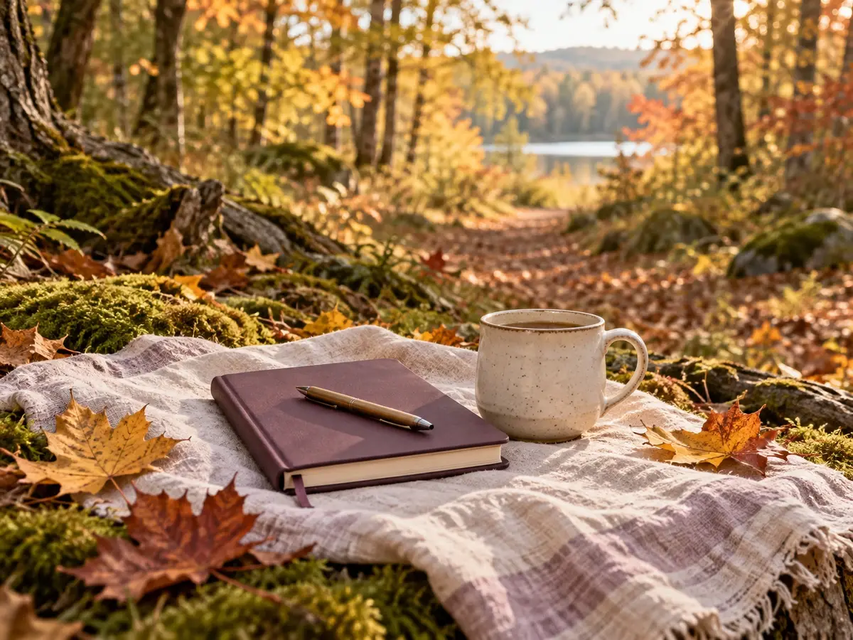 Plum journal and cream mug on linen beside an autumn woodland path with golden leaves