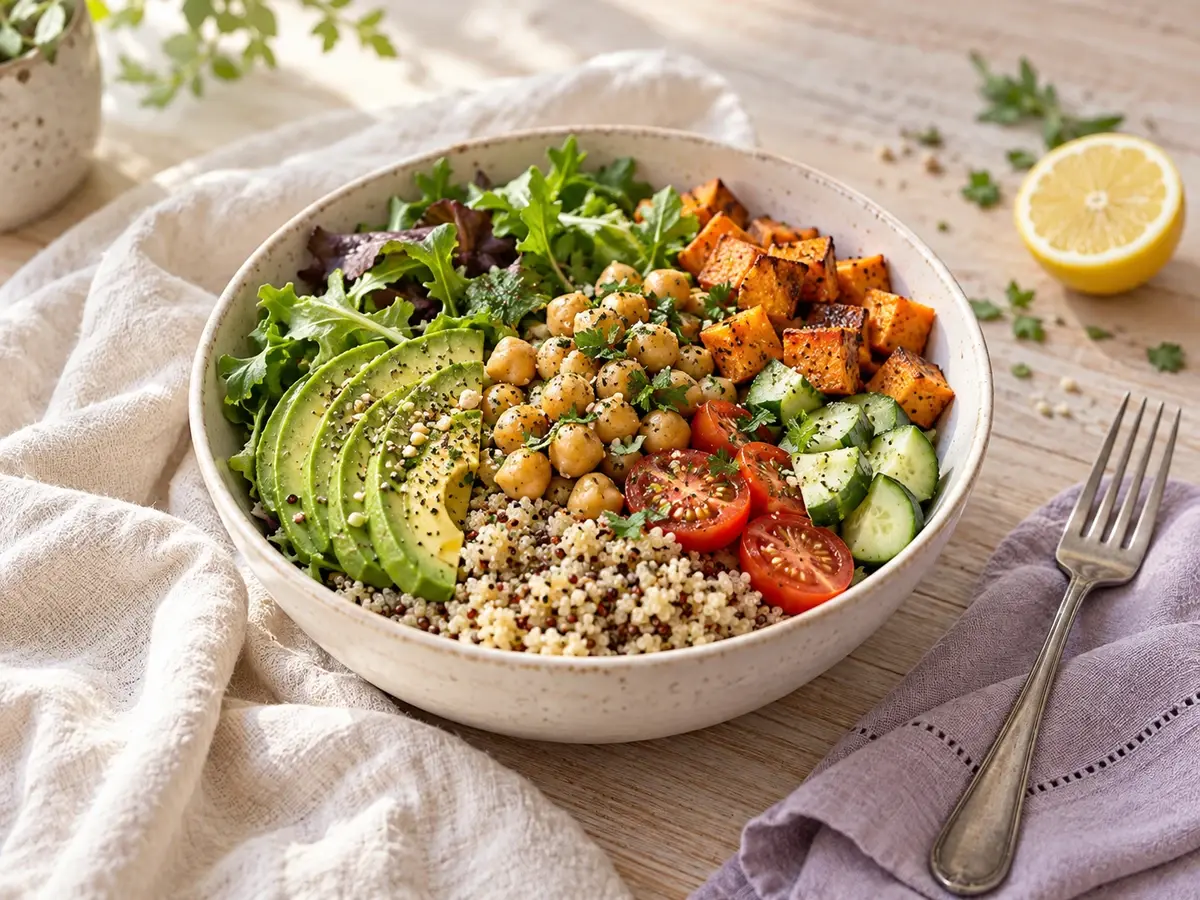A colorful grain bowl with avocado, chickpeas, vegetables and quinoa beside cream linen and a lavender napkin