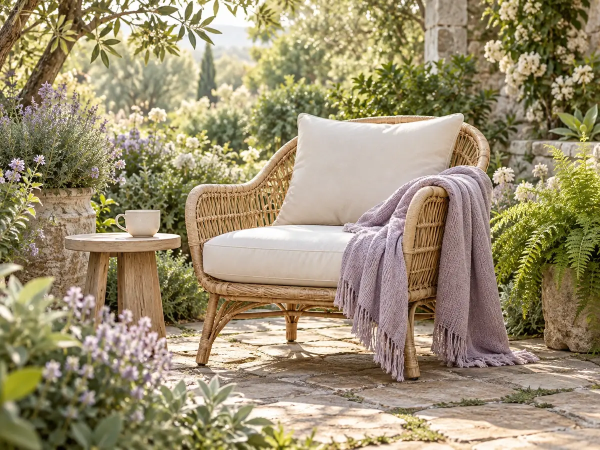 A rattan garden chair with cream cushions and a lavender throw beside a cup of tea