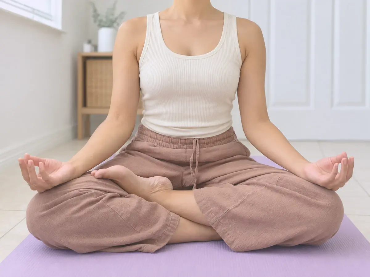 Seated meditation pose with hands resting on knees, neutral clothing and a lavender yoga mat