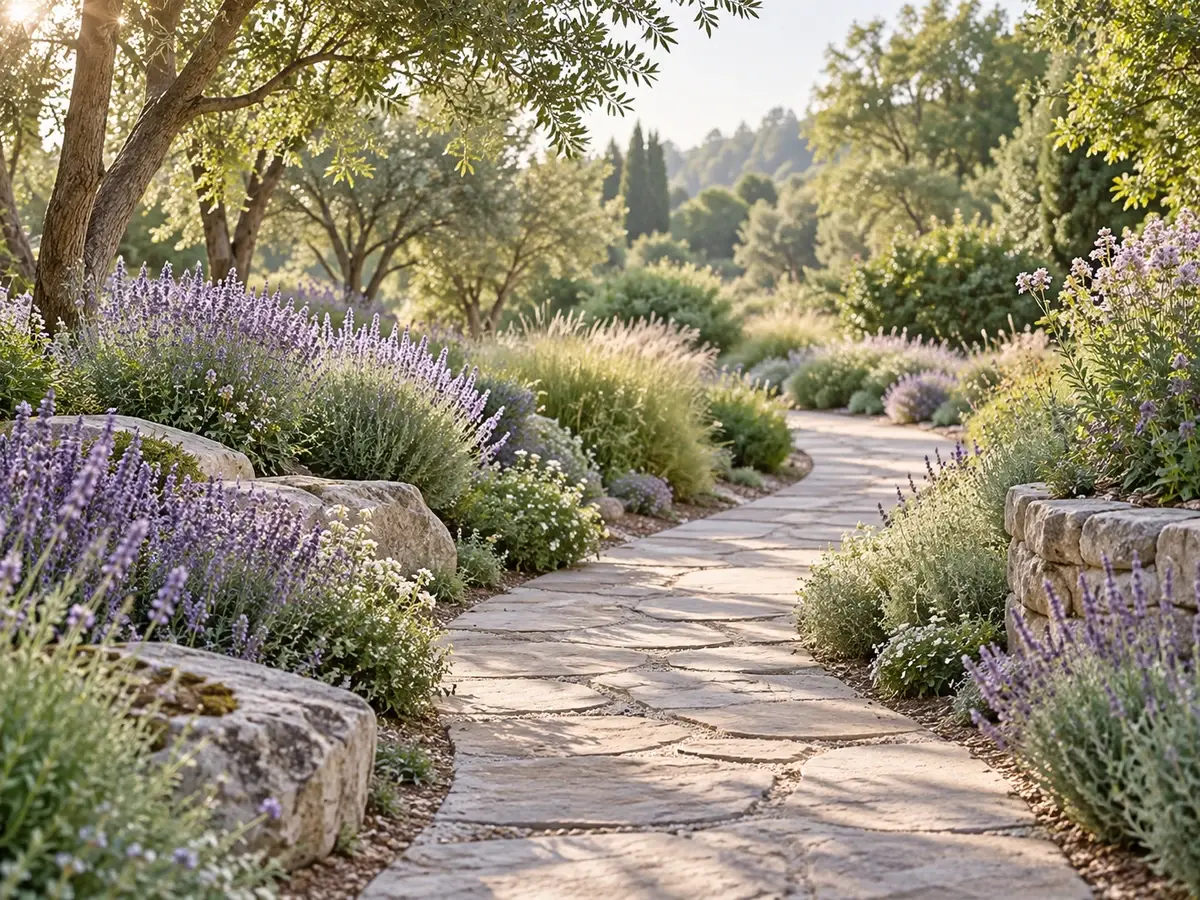 A sunlit stone walking path winding through lavender flowers and a leafy garden