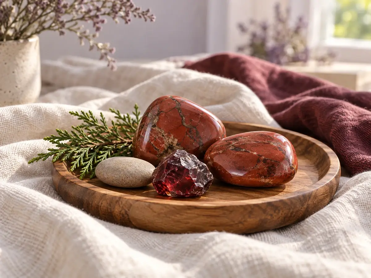 Red jasper, garnet, cedar, and a smooth stone on a wooden tray with cream linen