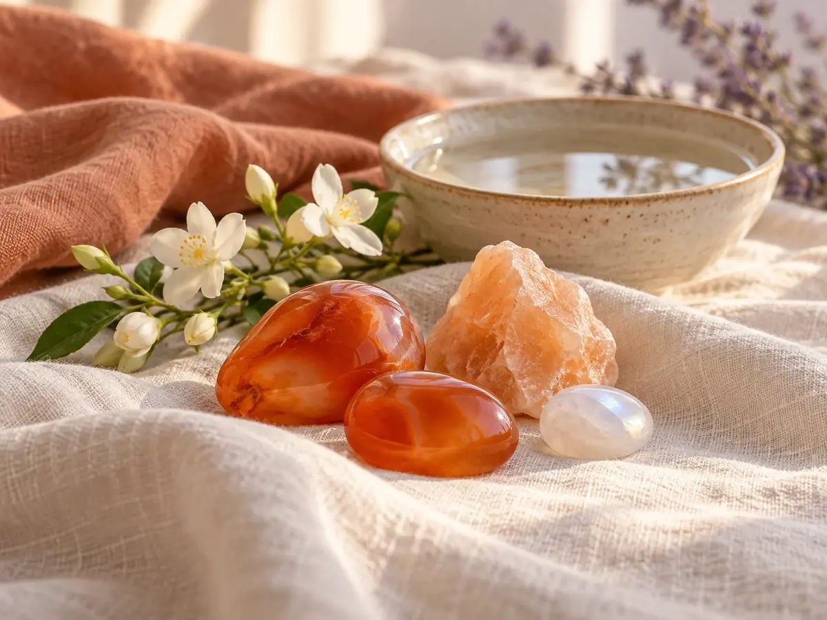 Orange carnelian, peach calcite and moonstone beside jasmine and a bowl of water on cream linen