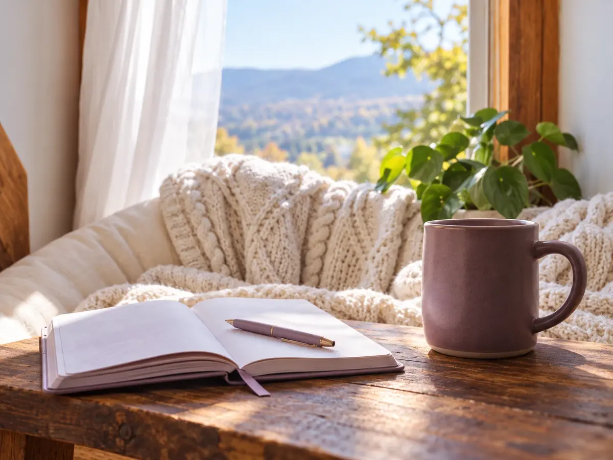 Plum mug and open lavender journal beside a cream knitted blanket in a sunlit window nook