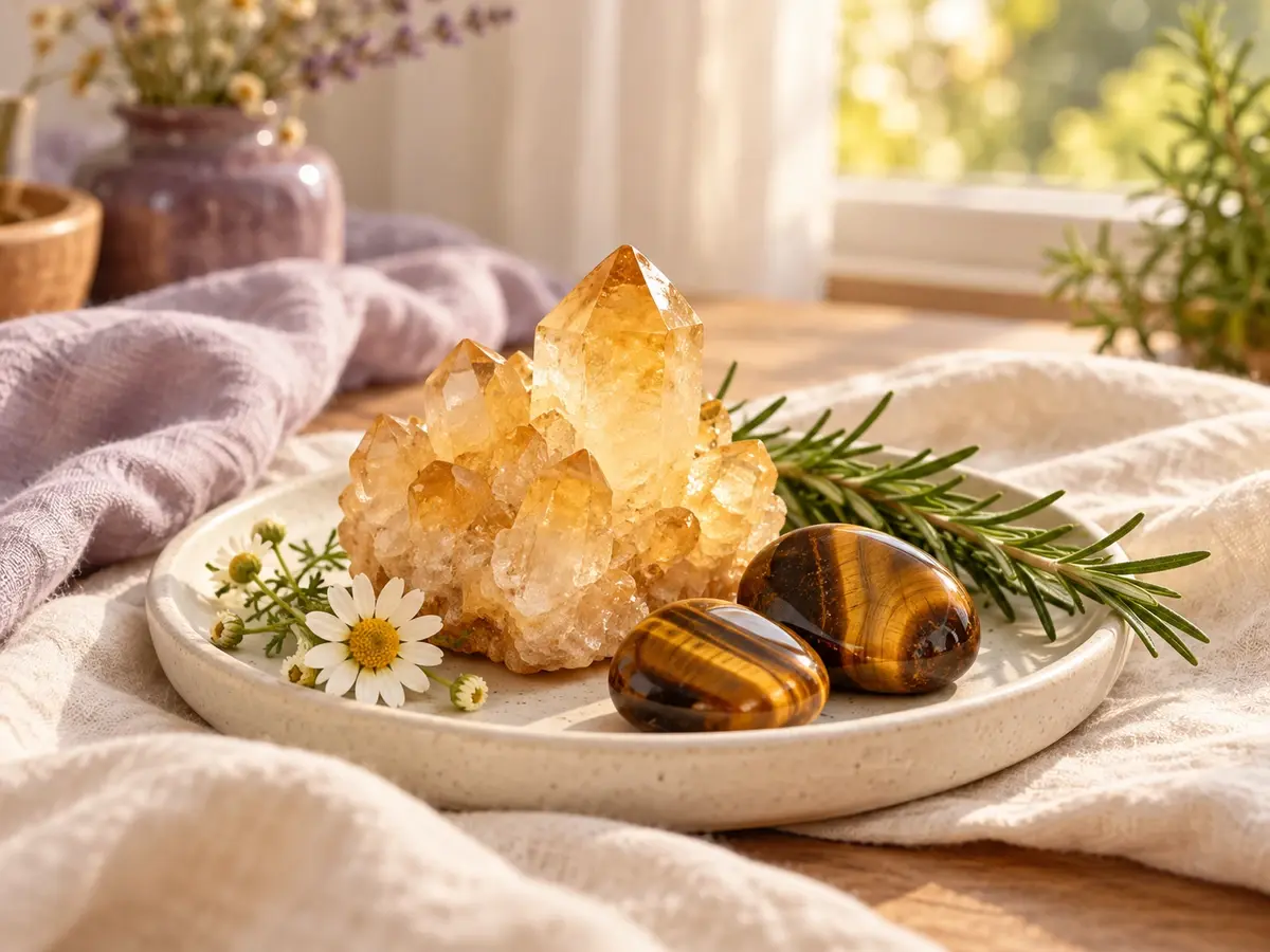Golden citrine and tiger’s eye stones with chamomile and rosemary on a cream ceramic dish