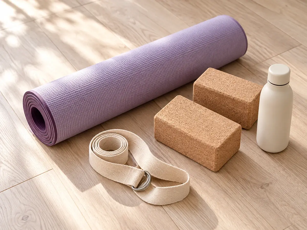 A rolled lavender yoga mat with cork blocks and a cream yoga strap
