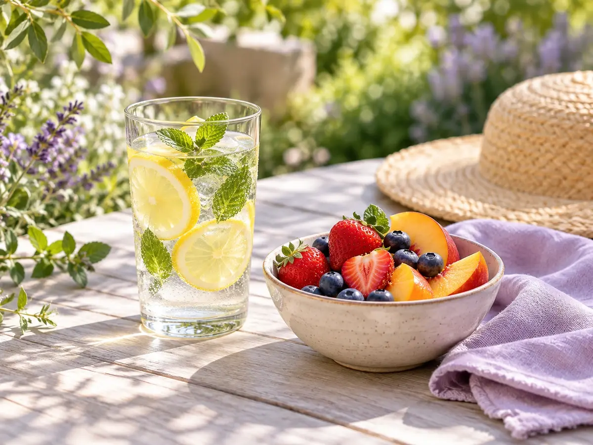 Lemon and mint water beside a bowl of summer fruit, lavender linen and a straw sunhat