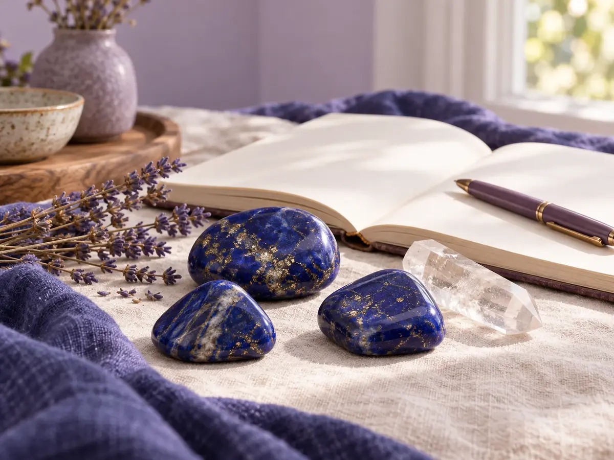 Indigo lapis lazuli and clear quartz beside a blank journal, plum pen and lavender sprigs