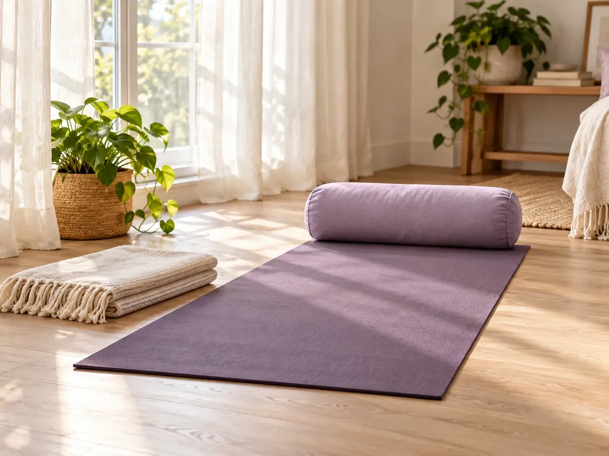 A lavender yoga mat and bolster in a peaceful sunlit space